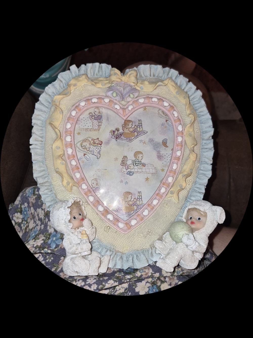 Vintage Heart-Shaped Nursery Frame with Cherub Prints - Pastel Blue & Yellow